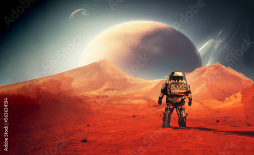 illustrazione creata con intelligenza artificiale di astronauta in solitudine su pianeta surreale rosso, forse marte, con copy space e lune in lontananza, concetto di solitudine e mondi paralleli photo