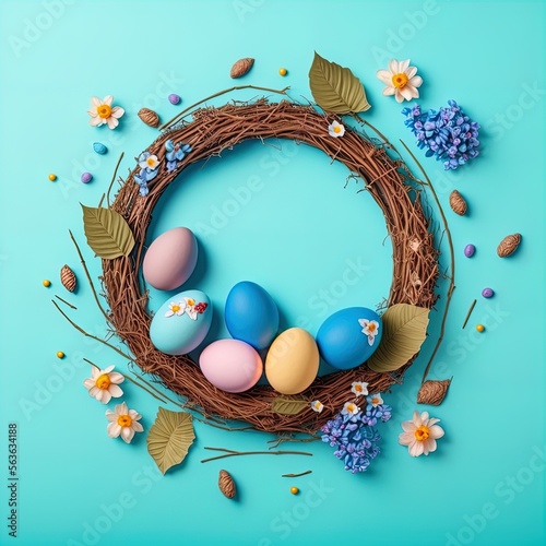 Colorful easter eggs with meadow flowers, dried sticks berries circle frame on blue with space for text digital art style. Easter spring holiday design template