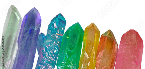 seven chakra colored upright crystal quartz aura wands placed diagonally transparent png file