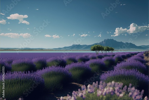 Lavender fields by lake Balaton in Hungary's Balaton region. AI generative illustration, generated by AI.