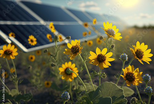Wild flowers in front of solar panels on a field. AI generative illustration. Power plant image is generated by AI.