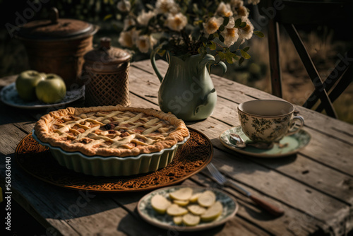 Apple pie, apples and tea on rustic table in garden outdoors. AI generative art, concept illustration generated by AI.