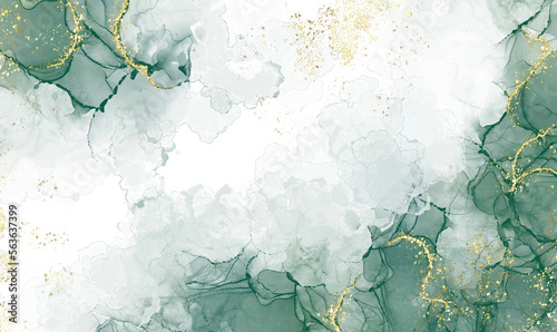 Abstract watercolor or alcohol ink art green background element with golden crackers. Pastel green marble drawing effect. template for wedding invitation,decoration, banner, background, png file	
