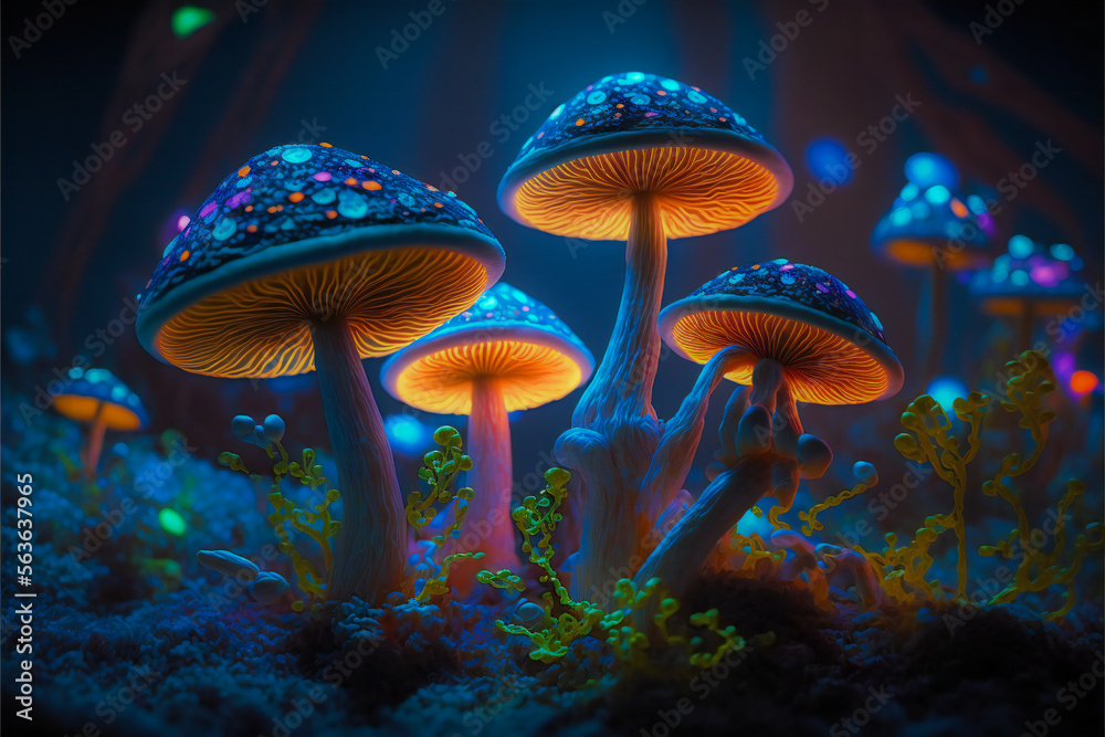 Magic Mushrooms in mini forest, Generative AI.