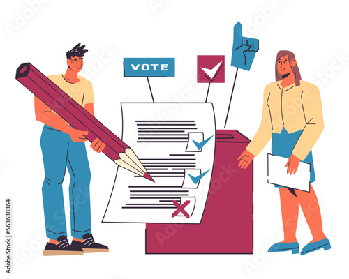 Election and voting banner or poster template with voters next to ballot box, flat vector illustration isolated on white background. Political campaign advertisement.