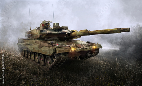 Military aid to Ukraine army, European plan to supply NATO tanks. Powerful German-made modern battle Leopard 2 tank. Ukraine-Russia war crisis. 3D heavy military vehicle Leopard 2 weapon illustration