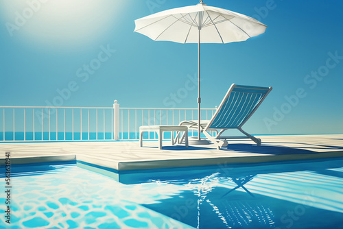 Lounger by the pool and parasol with the sea in the background. Generative artificial intelligence illustration. © chandlervid85
