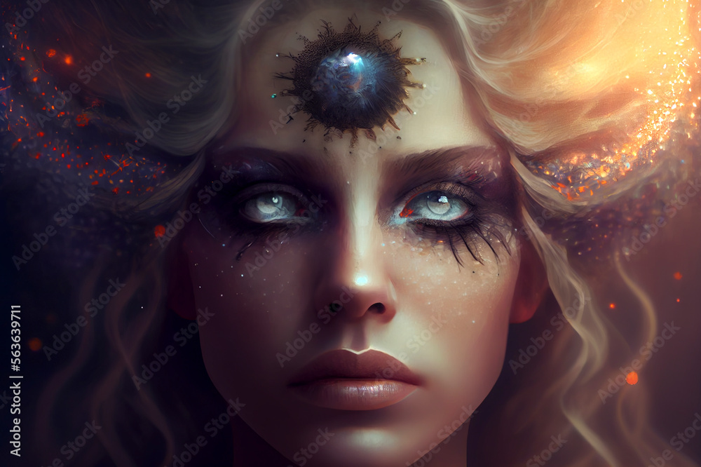 Meditative woman with third eye, psychic supernatural senses, ai illustration