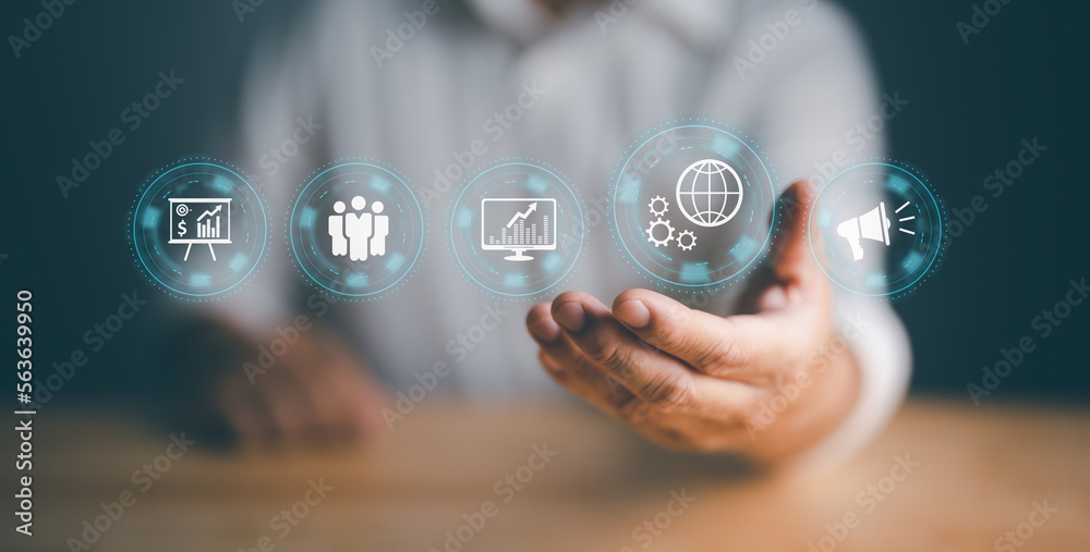 Φωτογραφία Businessman's hand shows the sign and icon of Digital marketing internet advertising and sales increase