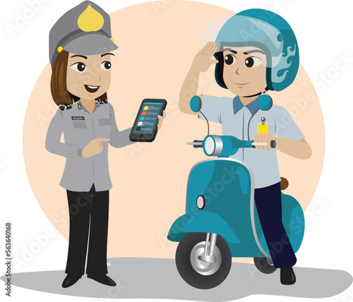 a policewoman and a man riding a blues cooter