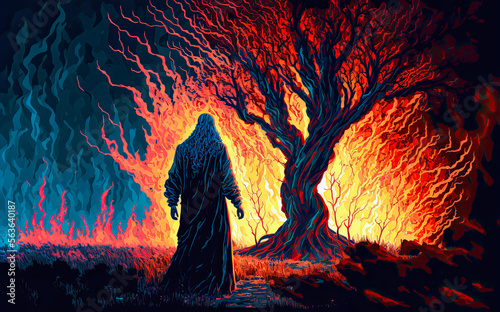 Moses and the burning bush. Generative AI photo