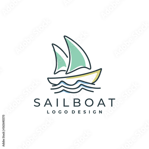
Simple Sailboat on Sea Ocean Wave with line art style logo design. Vector illustration dhow boat ship. fun dhow logo design vector icon template