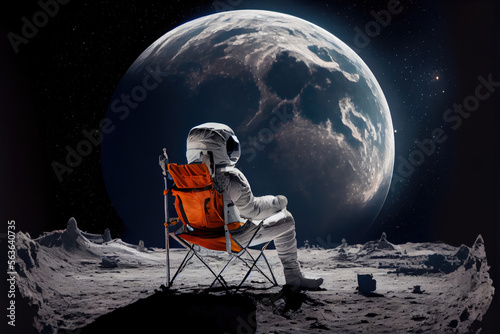 Astronaut sits on a camping chair on the moon with his legs crossed, casually looking at the black space in the distance 