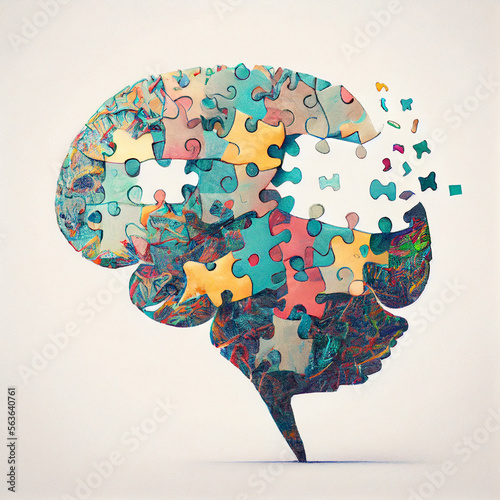Drawing of a brain made with pieces of a puzzle with one piece missing, concept of mental health, Alzheimer's, mental disorders, gerenative AI