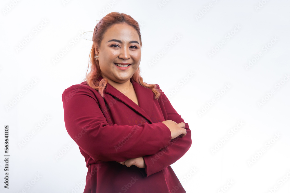 Portrait Asian fat business woman arm crossed and looking at camera isolated on white background. Portrait Asian fat business woman arm crossed and looking at camera isolated on white background.
