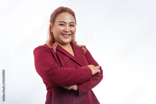 Portrait Asian fat business woman arm crossed and looking at camera isolated on white background.
