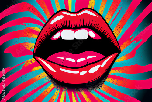 Sexy Lippen auf bunten Hintergrund in Pop-Art Retro-Comic-Stil - Generative Ai