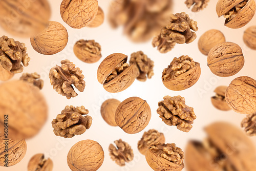 Levitation of walnuts on brown background.
