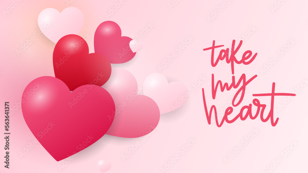 Take my heart Handwritten ink lettering. Hand drawn design elements with heart on pink background ,for February 14 Valentines Day , Vector illustration EPS 10