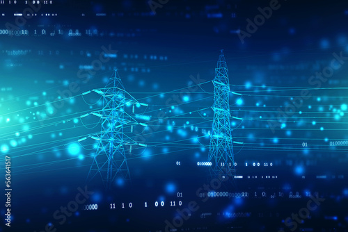 High power electricity poles on technology abstract background. Energy supply, distribution of energy, transmitting energy, energy transmission, high voltage supply concept