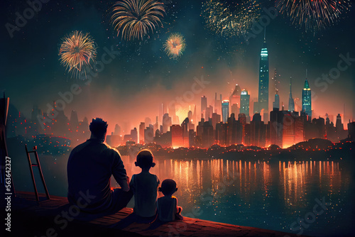 Family sitting on the hillside watching fireworks at night during the festival