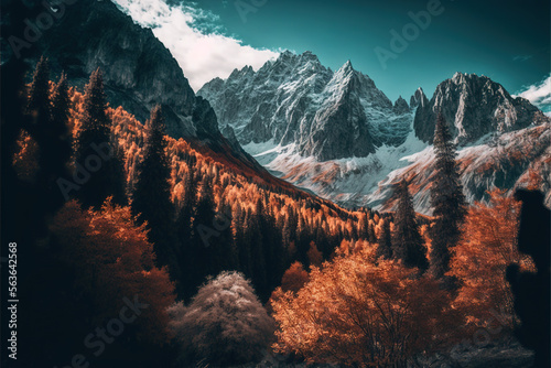 Autumn landscape against the backdrop of large mountains photo