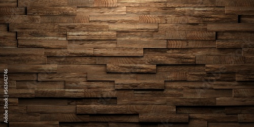 Fototapeta Naklejka Na Ścianę i Meble -  Close up of warm brown wooden boards or planks randomly shifted surface background texture, empty floor or wall hardwood wallpaper