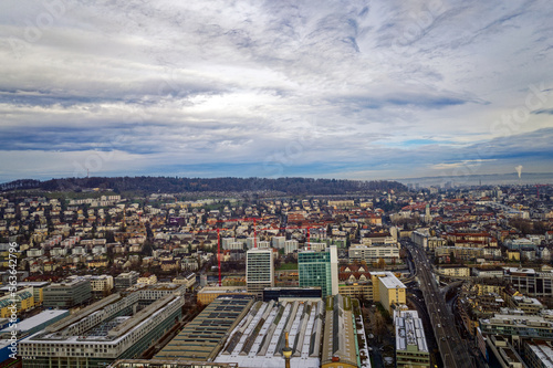 Aerial view of City of Zürich seen from industrial district with North District in the background on a cloudy winter day. Photo taken December 20th, 2022, Zurich, Switzerland. © Michael Derrer Fuchs