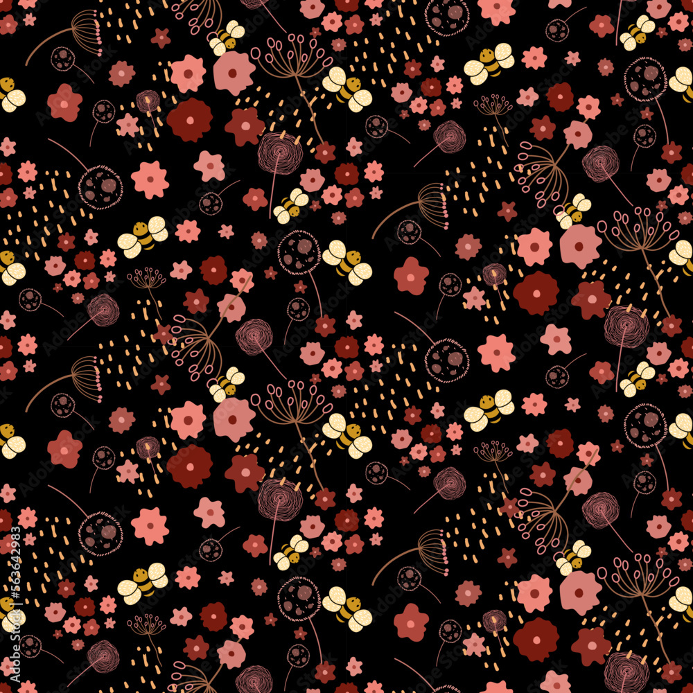 Abstract flower seamless pattern blooming on black background. Repeating floral vector design for wallpaper, print and card. Abstract flower seamless pattern blooming on black background. Repeating floral vector design for wallpaper, print and card.