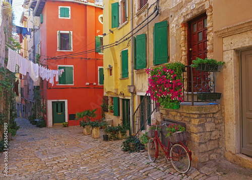 Streets of Rovinj with calm  colorful building facades  Istria  Croatia