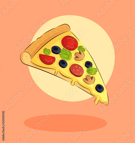 Slice of pizza with tomatoes, mushrooms, pepperoni, olives, herbs and cheese on a beige background