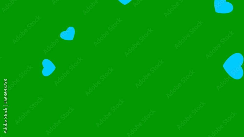 Animated background with blue hearts fly from center. Concept of love. Hearts isolated on green background.