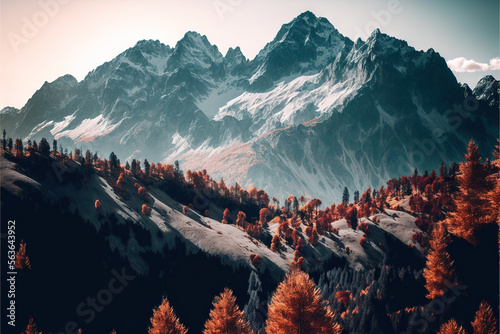 Autumn landscape against the backdrop of large mountains
