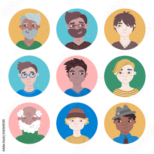 People male portrait set. Avatar collection casual men different ages and nationalities. Vector cartoon illustrations isolated with round backgrounds. Bundle for representing person in social network.