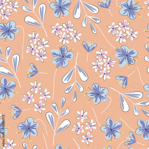 Dainty floral seamless pattern of scandi flowers and leaves. Whimsical flowery arrangement. Aesthetic repeating texture background