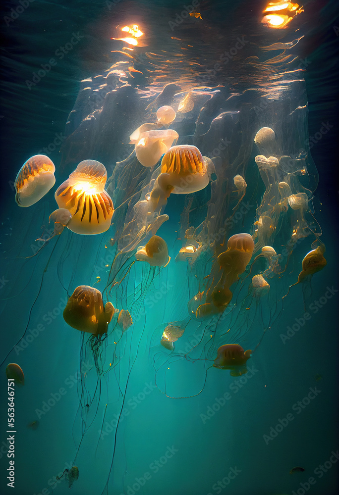 A school of Pacfic Sea Nettle jellyfish floating in turquiose water