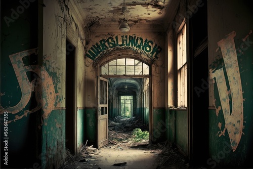 Canvas Print Collapsed old building with dirty corridor in form of abandoned asylum