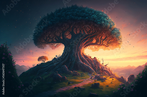 sunset on giant tree on top of a hill, digital art style, illustration painting with generative AI technology