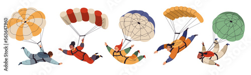 Fototapeta Naklejka Na Ścianę i Meble -  Cartoon skydivers characters. Cute guys and girls with open parachutes, jumping from an airplane, free fall, flying in sky, people falling in different poses, extreme sport, tidy vector set