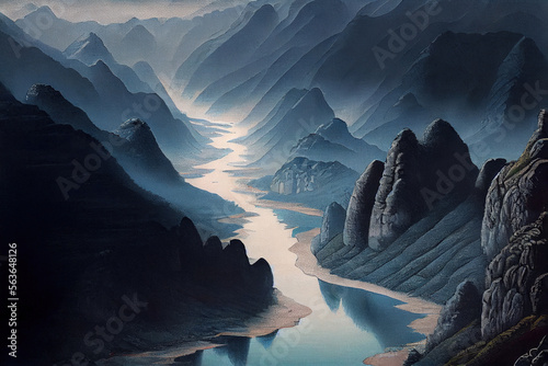 Chinese landscape ink painting in turquoise tones. © imlane