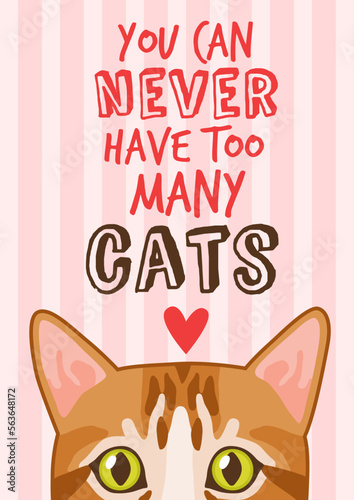 Cat card. Cute pet postcard or modern print, funny phrase lettering, trendy character and text, comic adorable animal, trendy kitten portrait, vector cartoon flat isolated meow illustration
