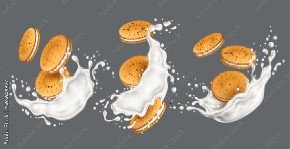 Cookies and milk splashes. Realistic biscuits with cream layer, sandwiches type, sweet pastries, 3d isolated crackers, bakery products composition, sugar snack advertising, utter vector set