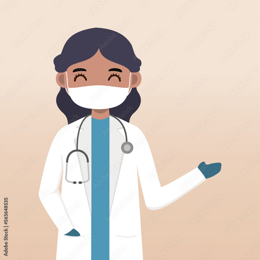 Front view doctor character. Doctor character creation set with face emotion, pose and gesture. Cartoon style, flat vector illustration.Female doctor using mask. finger pointing up, holding clipboard.