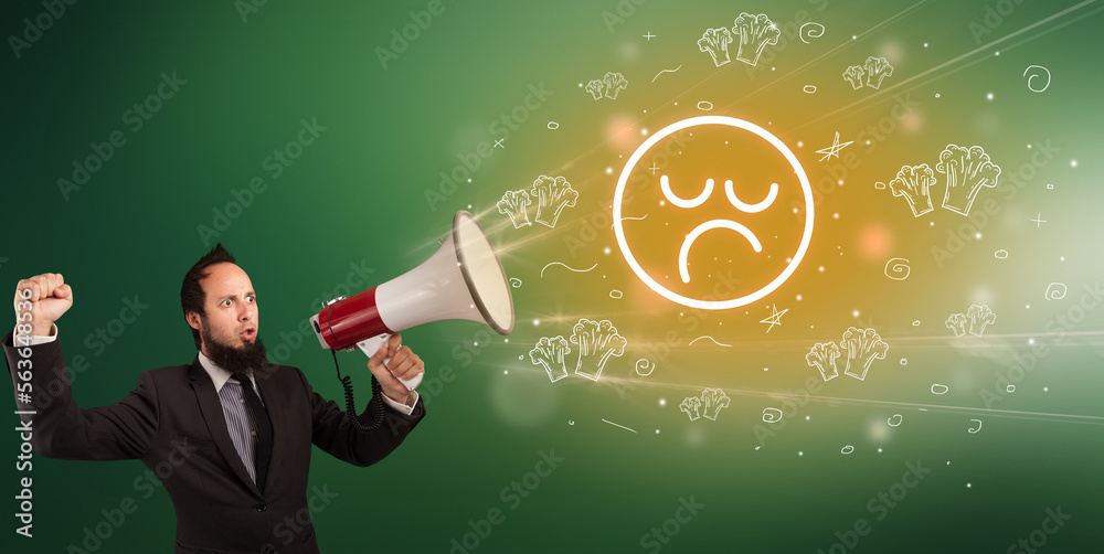 Young person with megaphone and healthy food icon Young person with megaphone and healthy food icon