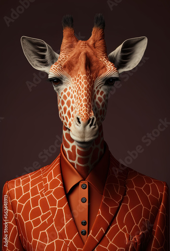 Portrait of a giraffe dressed in a stylish suit. Giraffe iis a fashion icon. generative ai