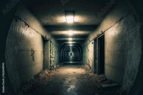 Empty long abandoned basement with collapsed walls Fototapet