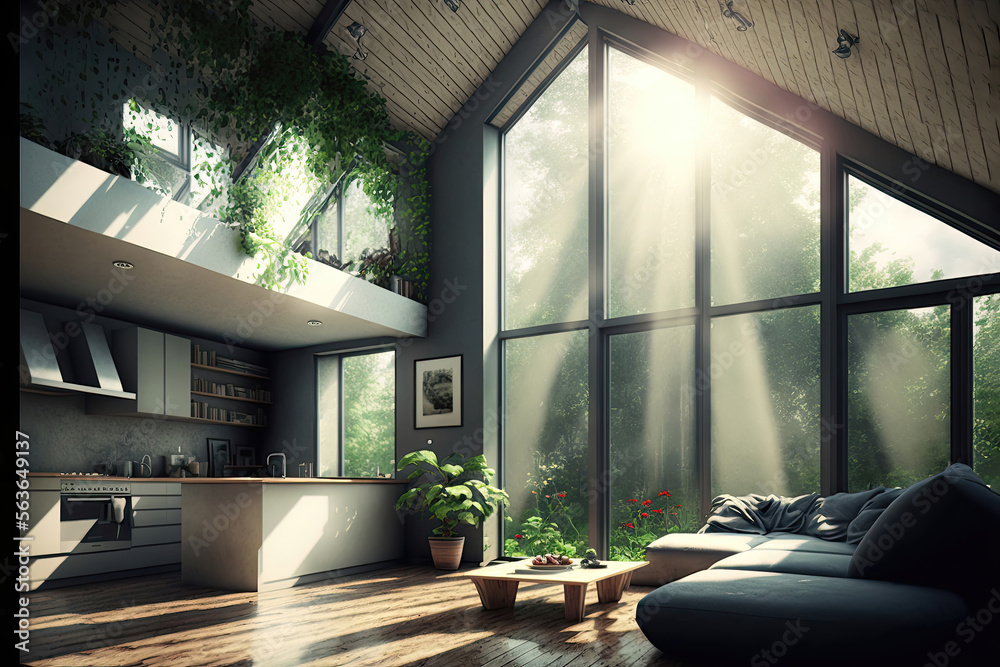 Fototapeta premium Eco-Friendly Living: A Room with Natural Light and Sustainable Furnishings. Generative AI