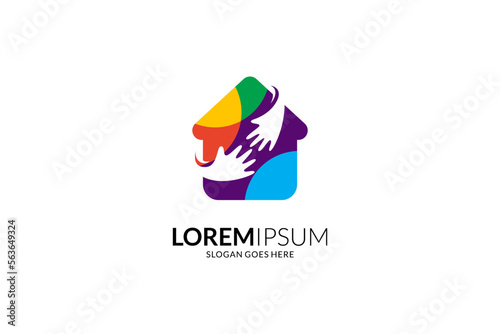 Home logo with hand care, foundation social care vector icon, charity symbol, design template