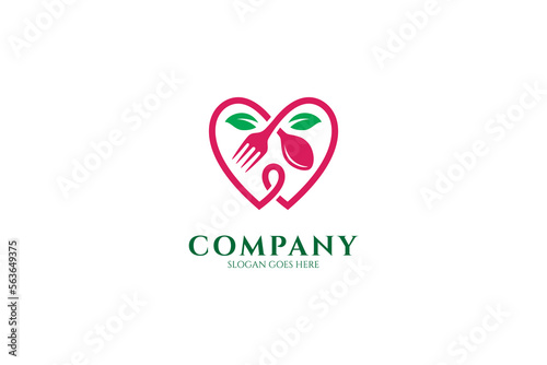 Spoon and fork logo design in heart shape with leaves, food business logo design symbol
