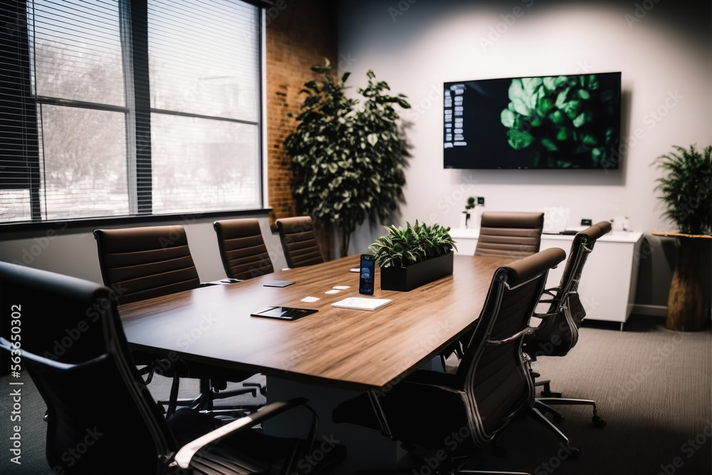 Fototapeta premium Business meeting room - office, empty, blank TV, table and seats